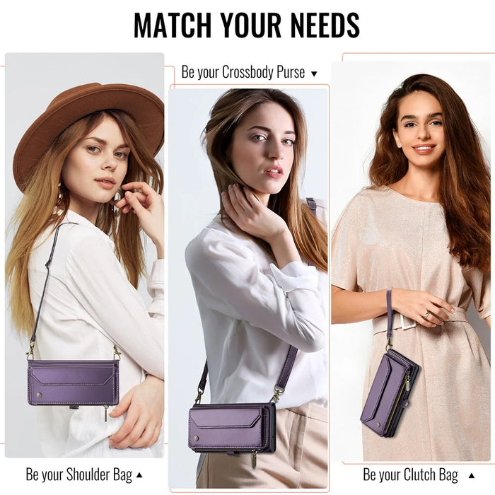 For iPhone 16 Plus Leather Case CASEME C36 Zipper Multiple Card Slots Phone Cover with Straps - Purple - 5