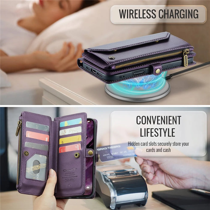 For iPhone 16 Plus Leather Case CASEME C36 Zipper Multiple Card Slots Phone Cover with Straps - Purple - 7
