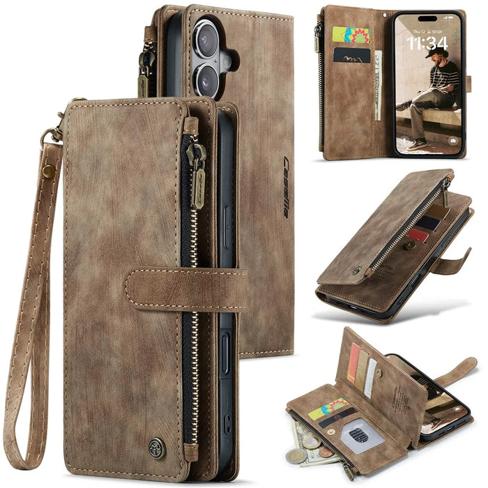 For iPhone 16 Plus Phone Cases with Strap CASEME C30 Zipper Multiple Card Holder PU Leather Cover - Brown - 1