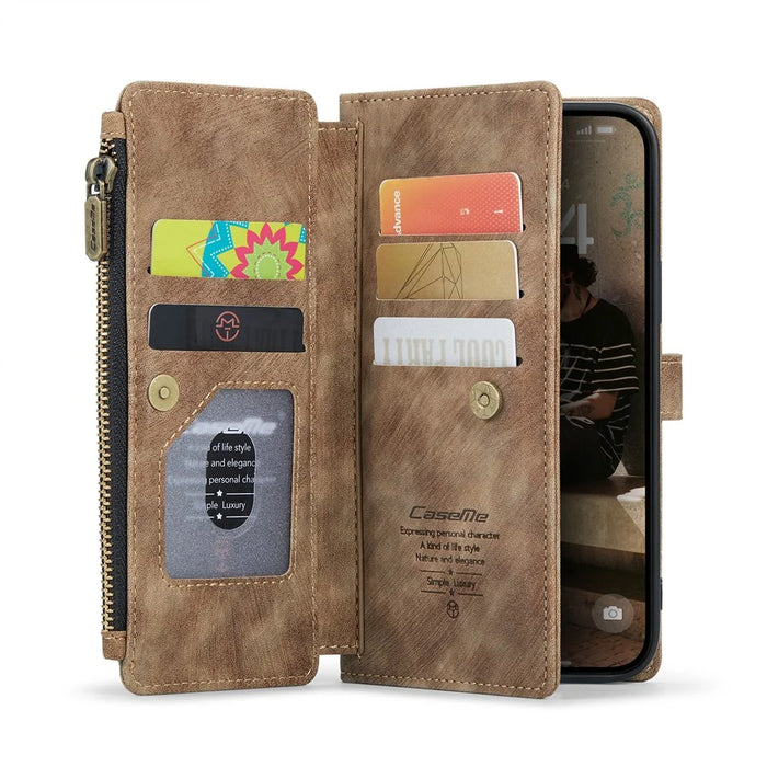 For iPhone 16 Plus Phone Cases with Strap CASEME C30 Zipper Multiple Card Holder PU Leather Cover - Brown - 2