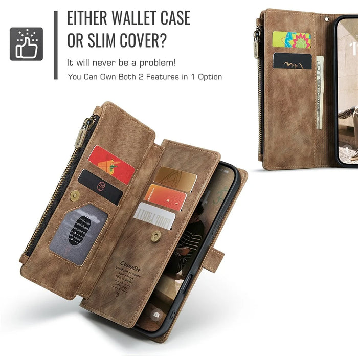 For iPhone 16 Plus Phone Cases with Strap CASEME C30 Zipper Multiple Card Holder PU Leather Cover - Brown - 5