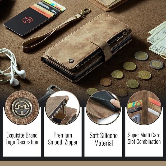 For iPhone 16 Plus Phone Cases with Strap CASEME C30 Zipper Multiple Card Holder PU Leather Cover - Brown - 6