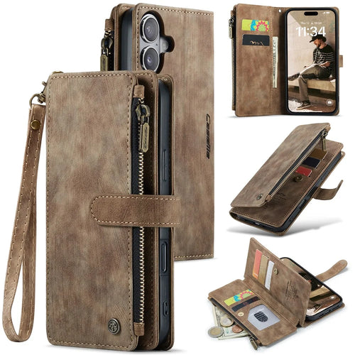 For iPhone 16 Phone Cases with Strap CASEME C30 Zipper Multiple Card Holder PU Leather Cover - Brown - 1