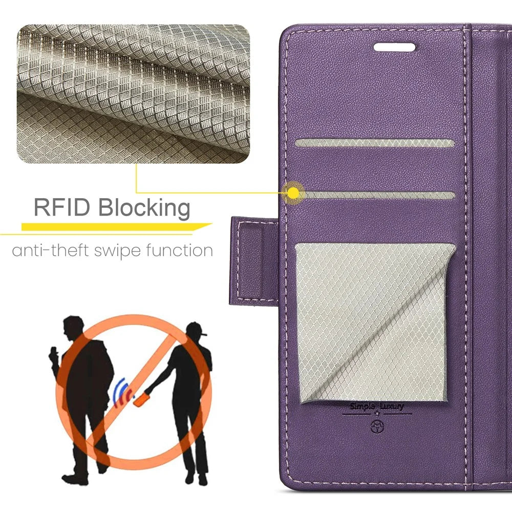 For iPhone 16 Plus Leather Case CASEME 023 RFID Blocking 3 Card Slot Mobile Cover - Purple - 4
