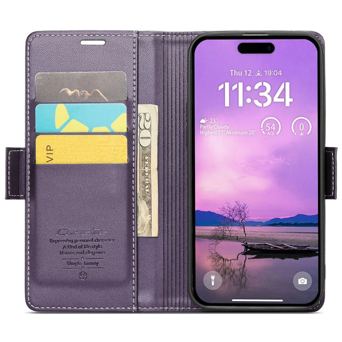 For iPhone 16 Leather Case CASEME 023 RFID Blocking 3 Card Slot Mobile Cover - Purple - 2
