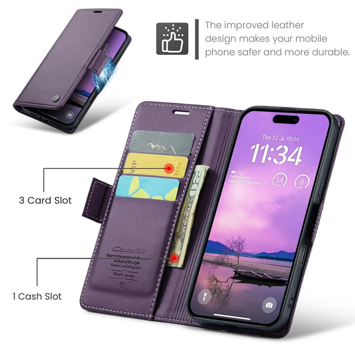 For iPhone 16 Leather Case CASEME 023 RFID Blocking 3 Card Slot Mobile Cover - Purple - 6
