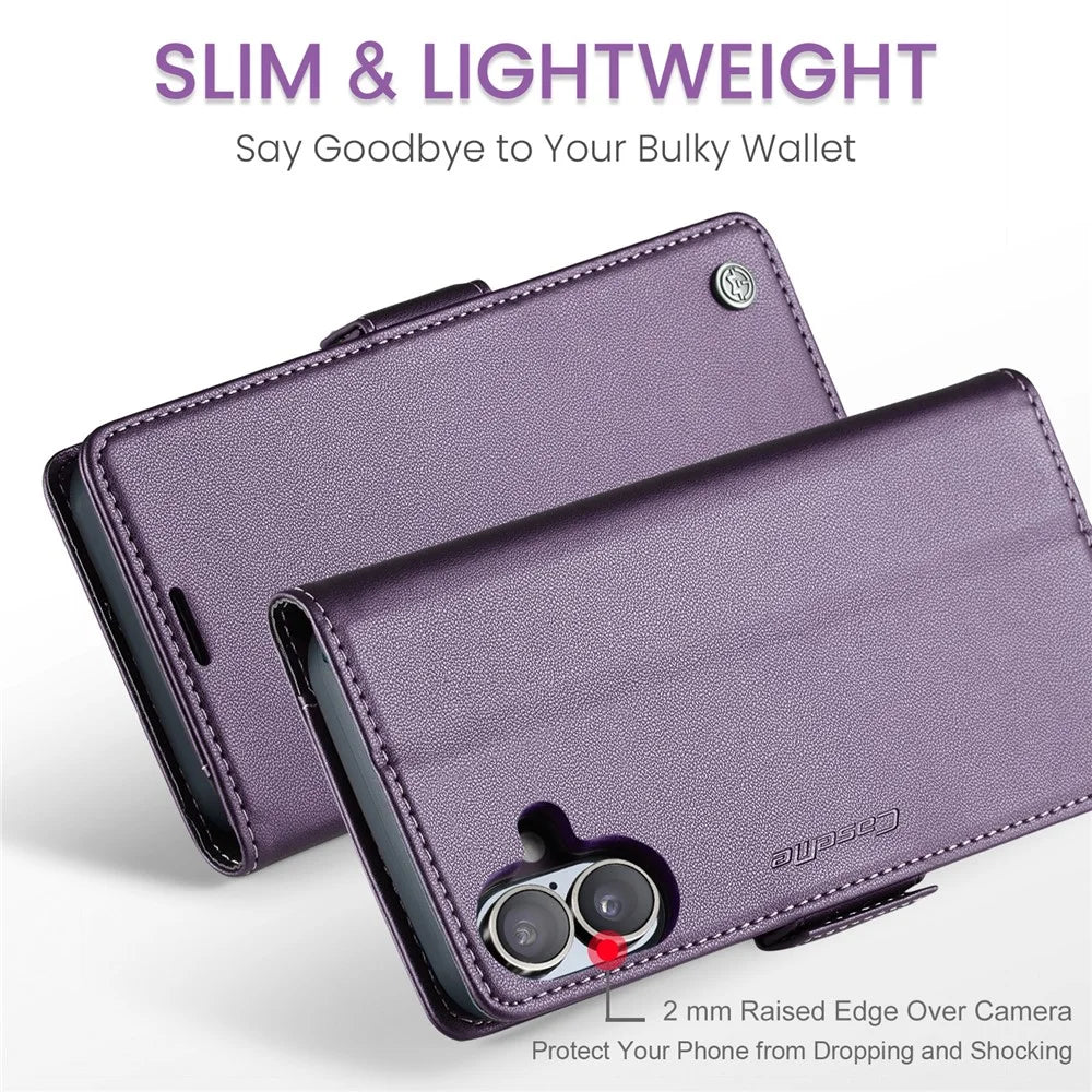 For iPhone 16 Leather Case CASEME 023 RFID Blocking 3 Card Slot Mobile Cover - Purple - 7