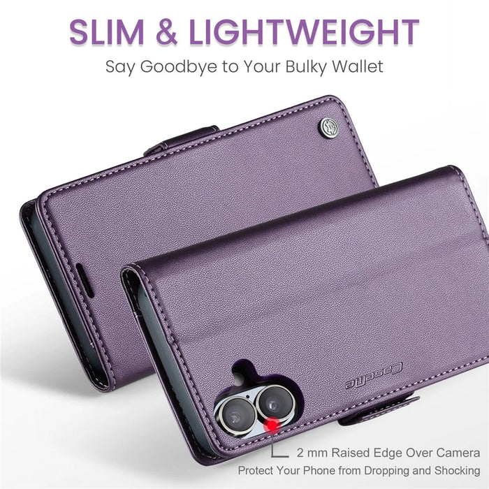 For iPhone 16 Leather Case CASEME 023 RFID Blocking 3 Card Slot Mobile Cover - Purple - 7