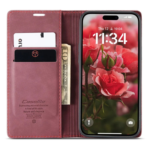 CASEME 013 Series For iPhone 16 Plus Case Card Holder Stand Leather Phone Cover - Red - 2