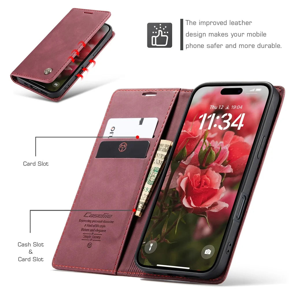 CASEME 013 Series For iPhone 16 Plus Case Card Holder Stand Leather Phone Cover - Red - 4