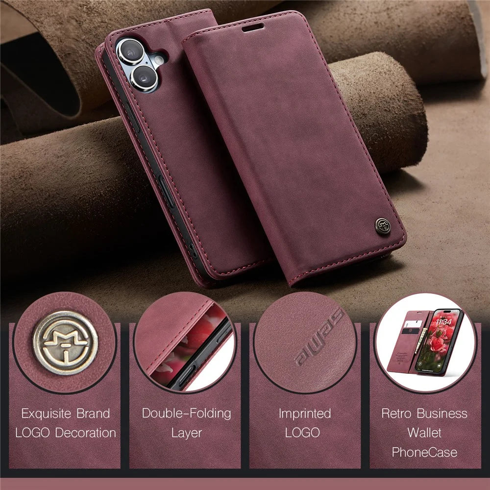 CASEME 013 Series For iPhone 16 Plus Case Card Holder Stand Leather Phone Cover - Red - 6