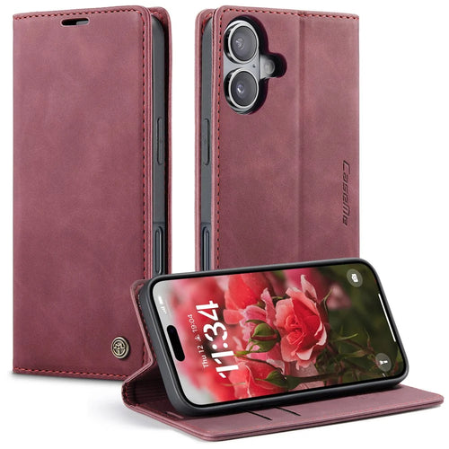 CASEME 013 Series For iPhone 16 Case Card Holder Stand Leather Phone Cover - Red - 1