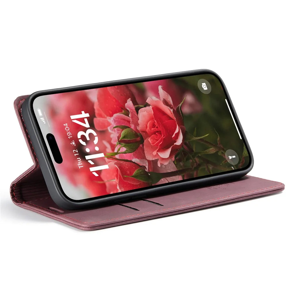 CASEME 013 Series For iPhone 16 Case Card Holder Stand Leather Phone Cover - Red - 3