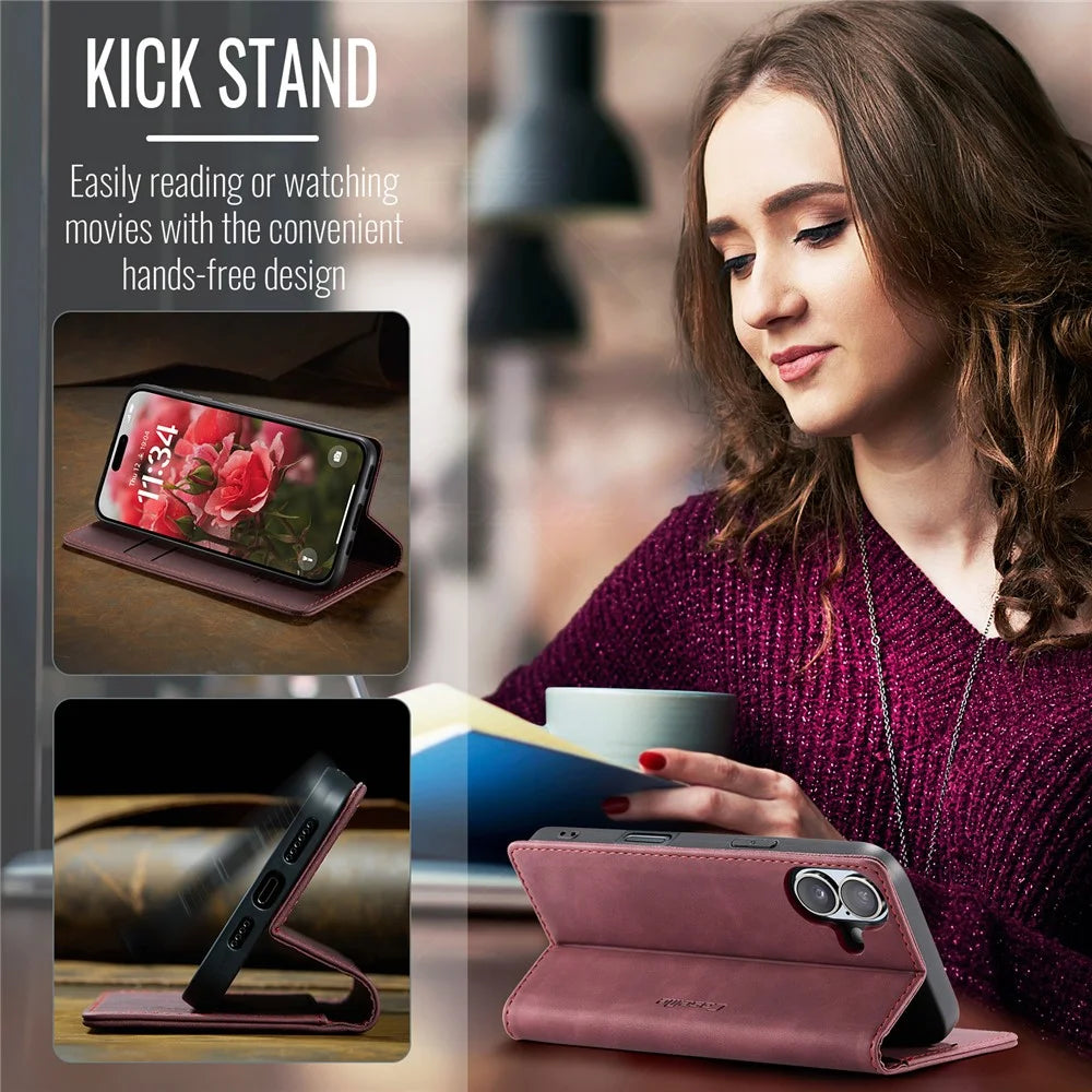CASEME 013 Series For iPhone 16 Case Card Holder Stand Leather Phone Cover - Red - 5
