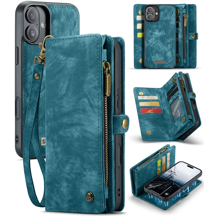 For iPhone 16 Phone Cases CASEME 008 Leather Cover with Detachable Wallet and Strap - Blue - 1