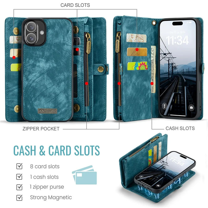 For iPhone 16 Phone Cases CASEME 008 Leather Cover with Detachable Wallet and Strap - Blue - 4