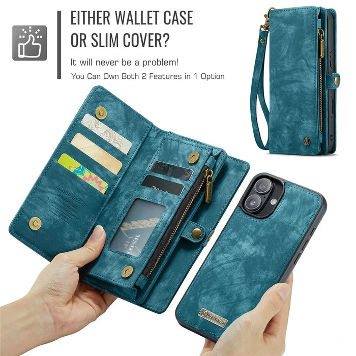 For iPhone 16 Phone Cases CASEME 008 Leather Cover with Detachable Wallet and Strap - Blue - 5