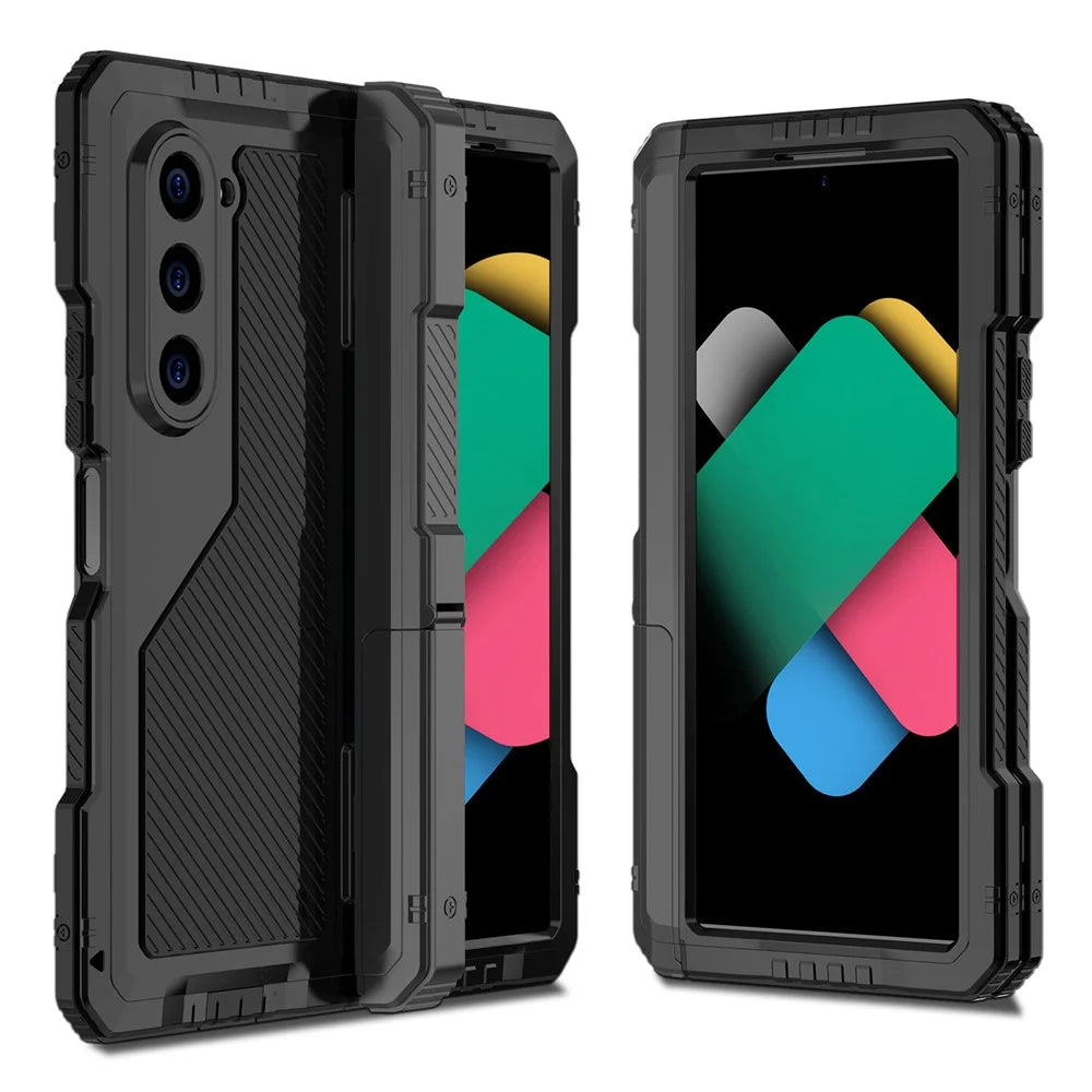 For Samsung Galaxy Z Fold6 5G Case Aluminium Alloy+Silicone Kickstand Cover with PET Screen Film - Black - 1