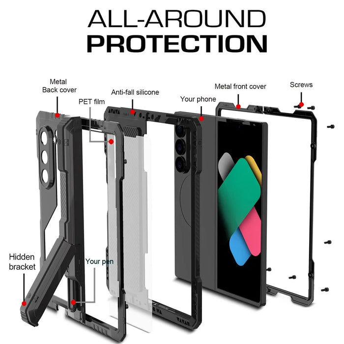 For Samsung Galaxy Z Fold6 5G Case Aluminium Alloy+Silicone Kickstand Cover with PET Screen Film - Black - 4