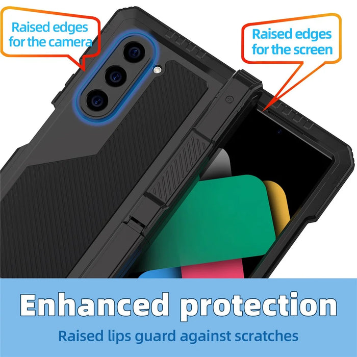 For Samsung Galaxy Z Fold6 5G Case Aluminium Alloy+Silicone Kickstand Cover with PET Screen Film - Black - 5