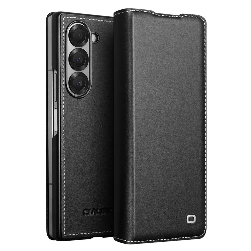 QIALINO For Samsung Galaxy Z Fold6 5G Case Genuine Cow Leather Flip Phone Cover, Black - 1