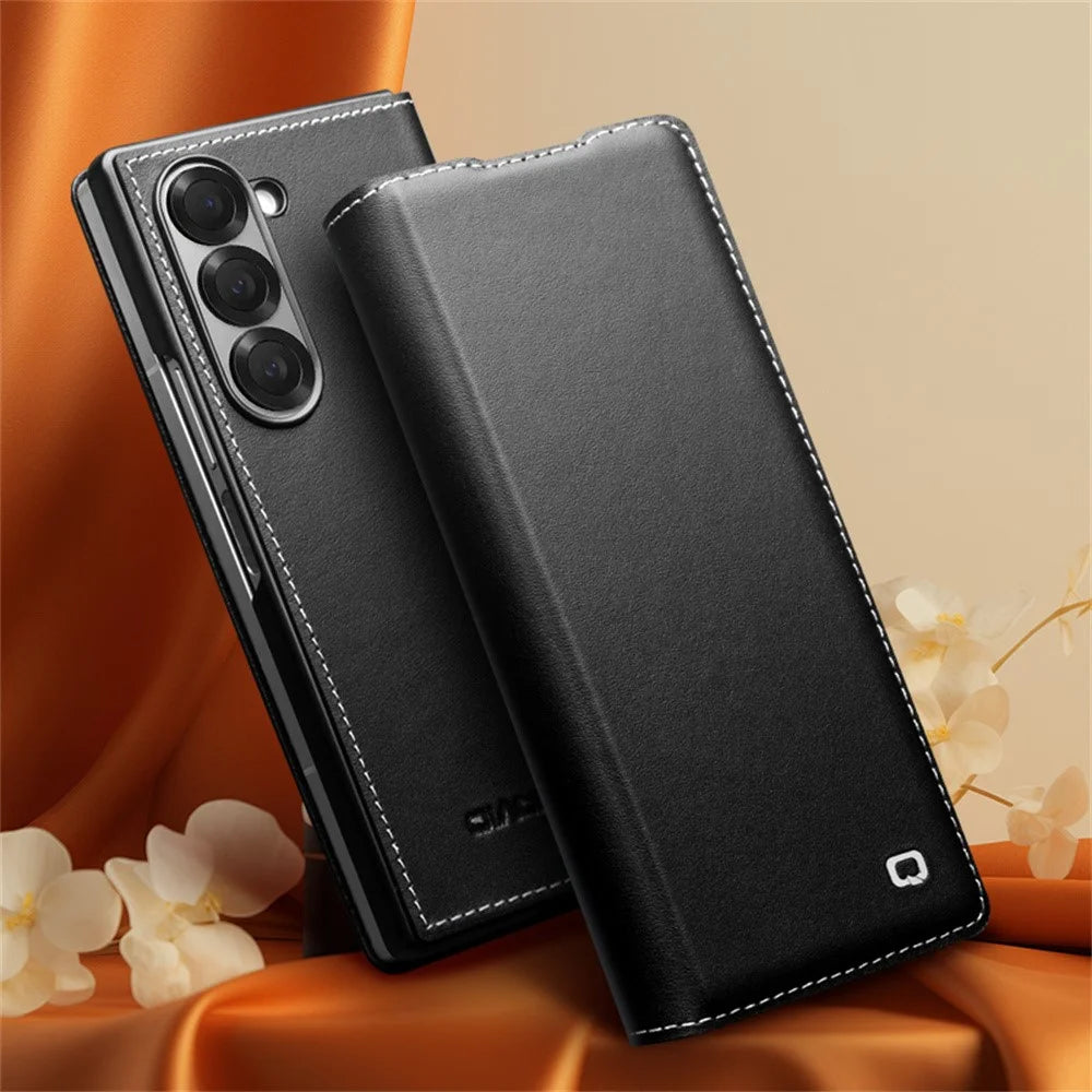 QIALINO For Samsung Galaxy Z Fold6 5G Case Genuine Cow Leather Flip Phone Cover, Black - 2