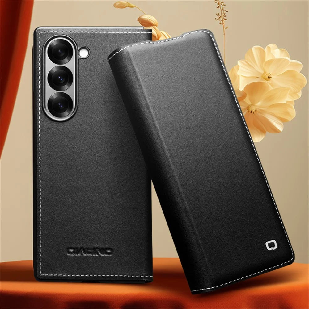 QIALINO For Samsung Galaxy Z Fold6 5G Case Genuine Cow Leather Flip Phone Cover, Black - 3