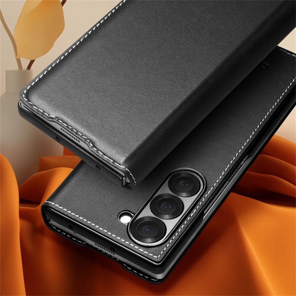 QIALINO For Samsung Galaxy Z Fold6 5G Case Genuine Cow Leather Flip Phone Cover, Black - 4