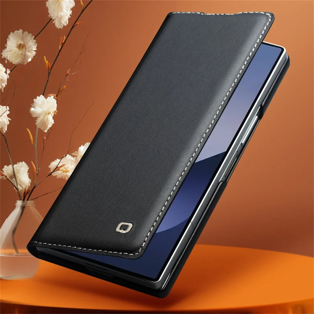 QIALINO For Samsung Galaxy Z Fold6 5G Case Genuine Cow Leather Flip Phone Cover, Black - 5