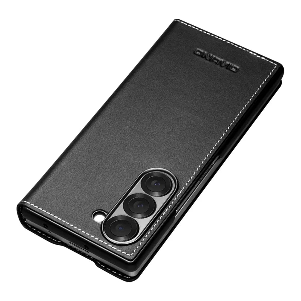 QIALINO For Samsung Galaxy Z Fold6 5G Case Genuine Cow Leather Flip Phone Cover, Black - 7