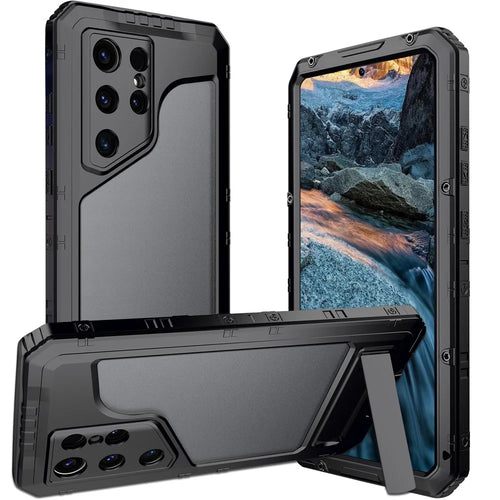 For Samsung Galaxy S24 Ultra Case Silicone+Aluminium Alloy Kickstand IP68 Waterproof Cover with Screen Film - Black - 1