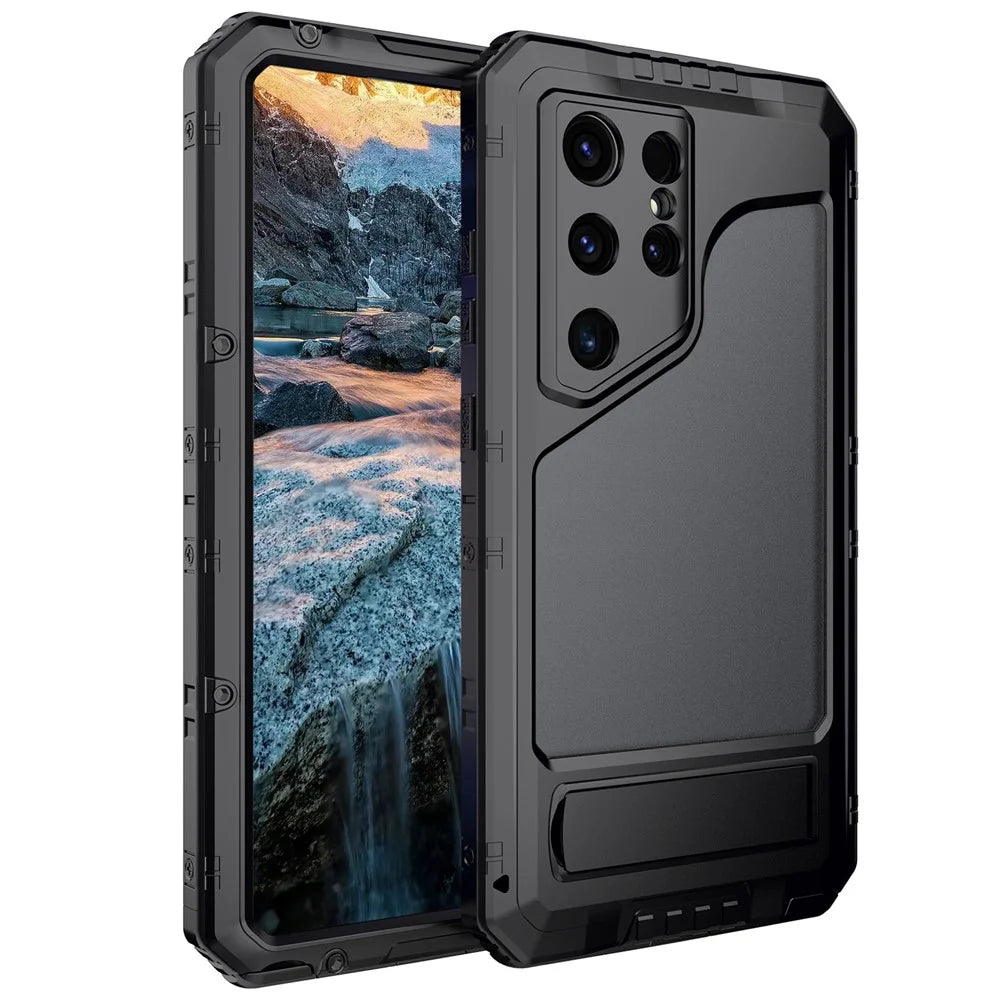 For Samsung Galaxy S24 Ultra Case Silicone+Aluminium Alloy Kickstand IP68 Waterproof Cover with Screen Film - Black - 2