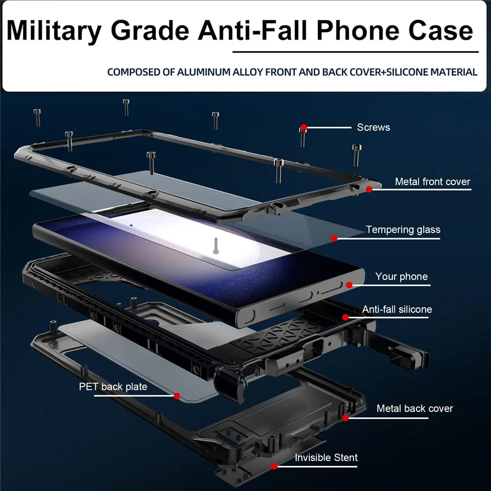 For Samsung Galaxy S24 Ultra Case Silicone+Aluminium Alloy Kickstand IP68 Waterproof Cover with Screen Film - Black - 3