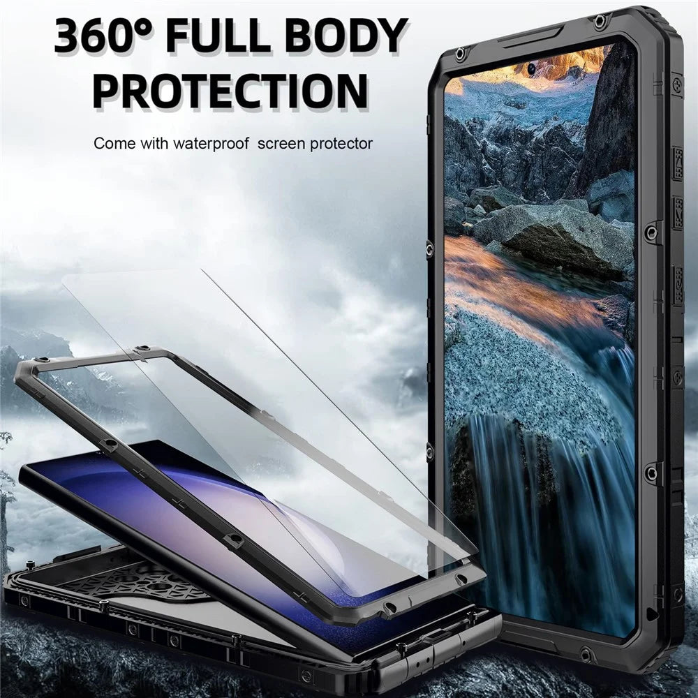 For Samsung Galaxy S24 Ultra Case Silicone+Aluminium Alloy Kickstand IP68 Waterproof Cover with Screen Film - Black - 4