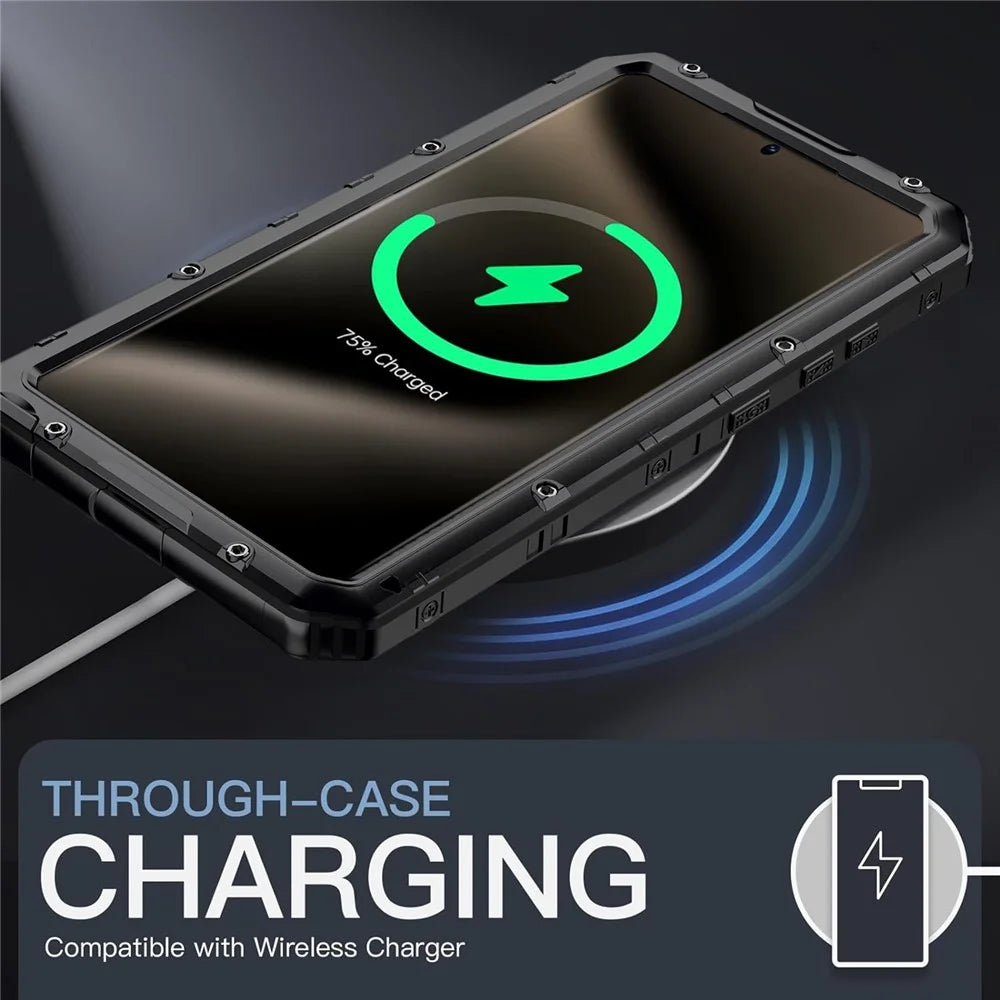 For Samsung Galaxy S24 Ultra Case Silicone+Aluminium Alloy Kickstand IP68 Waterproof Cover with Screen Film - Black - 5