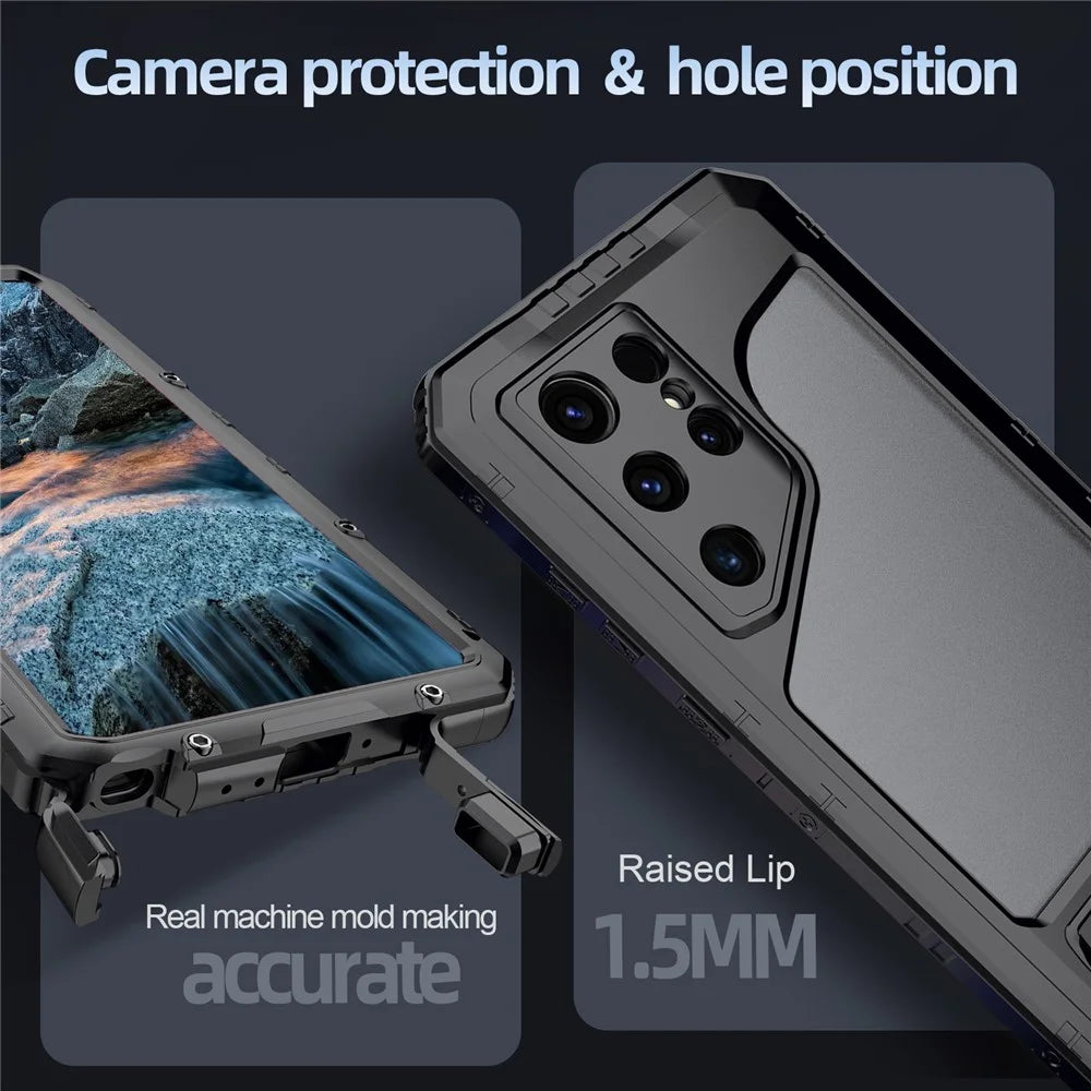 For Samsung Galaxy S24 Ultra Case Silicone+Aluminium Alloy Kickstand IP68 Waterproof Cover with Screen Film - Black - 6