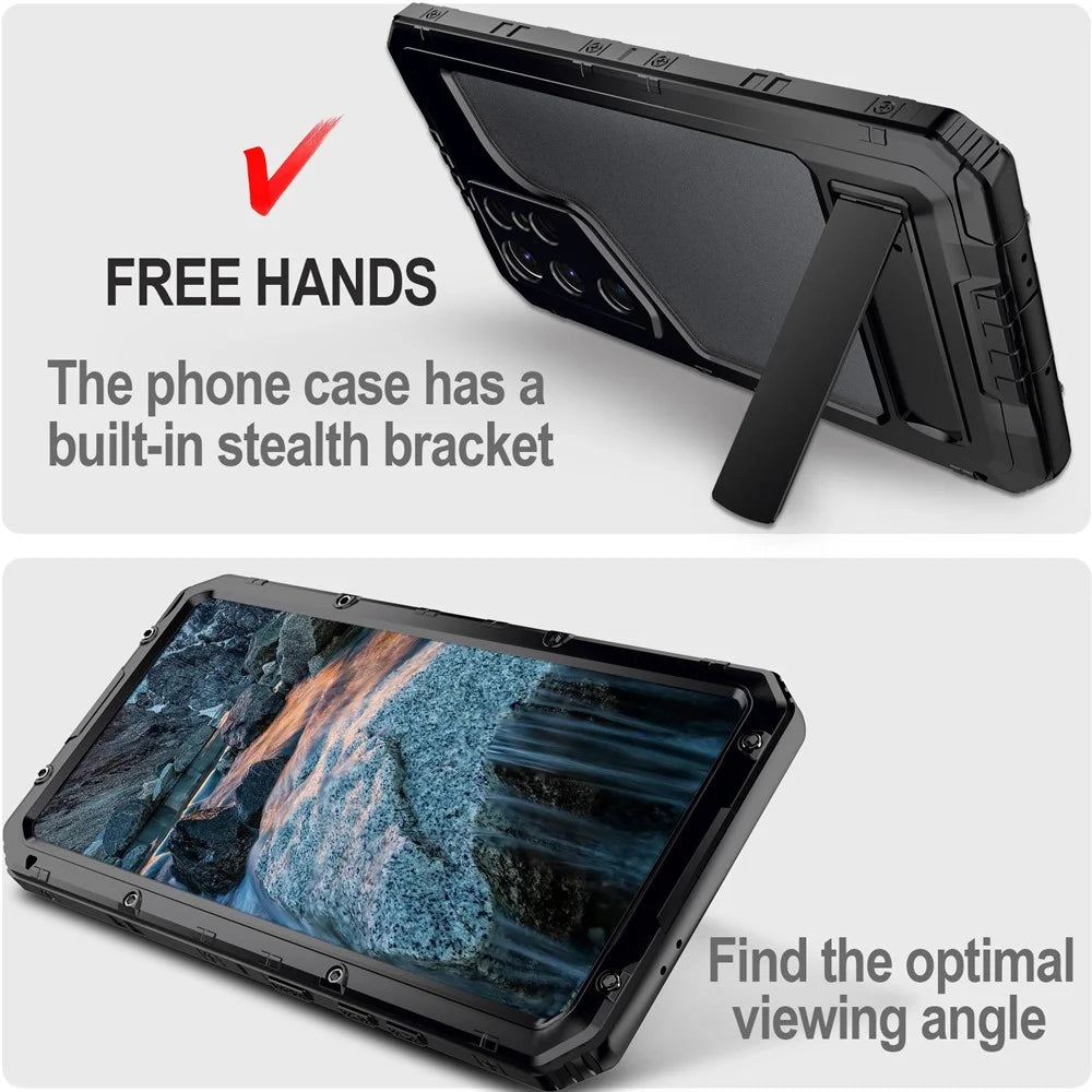 For Samsung Galaxy S24 Ultra Case Silicone+Aluminium Alloy Kickstand IP68 Waterproof Cover with Screen Film - Black - 7
