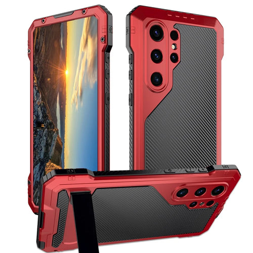 For Samsung Galaxy S24 Ultra Case Silicone+Metal Kickstand Phone Cover with PET Screen Film - Red - 1