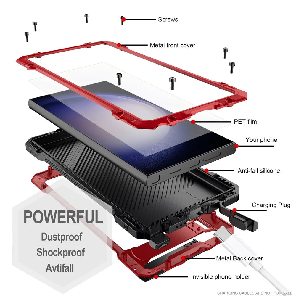 For Samsung Galaxy S24 Ultra Case Silicone+Metal Kickstand Phone Cover with PET Screen Film - Red - 2