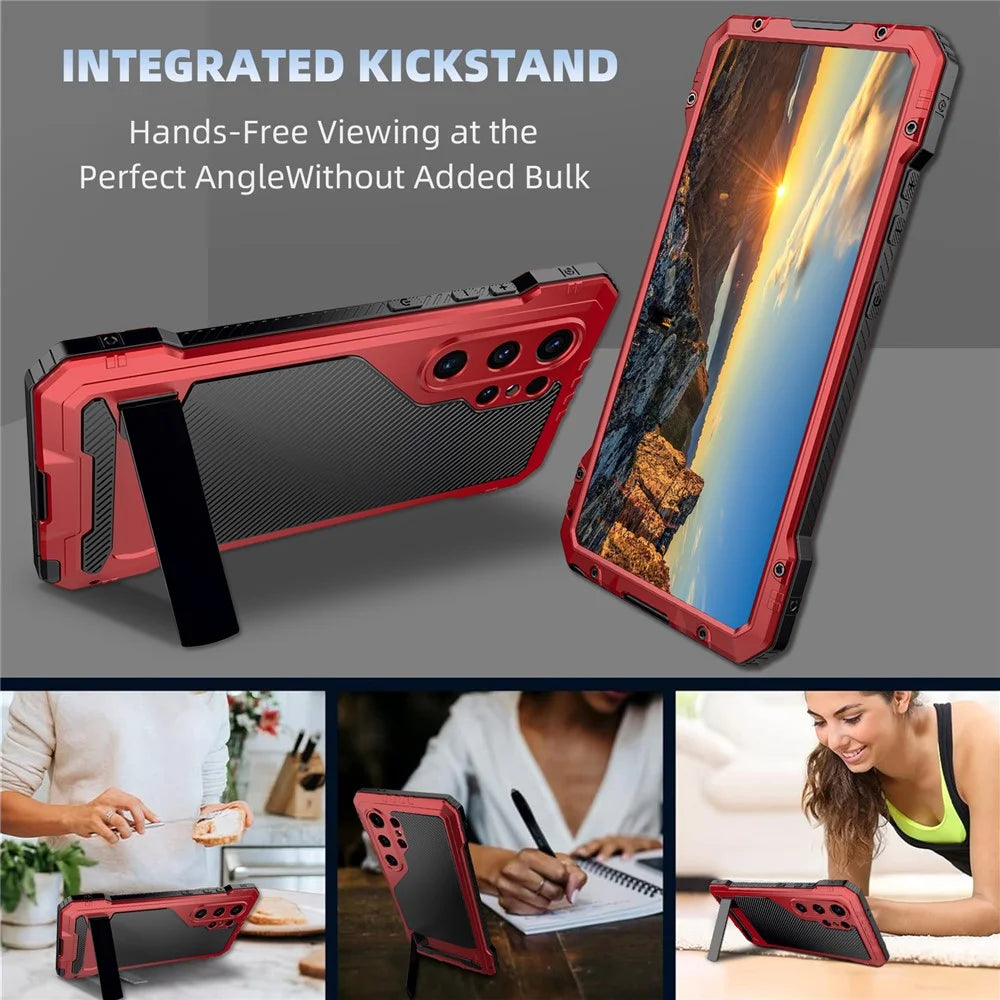 For Samsung Galaxy S24 Ultra Case Silicone+Metal Kickstand Phone Cover with PET Screen Film - Red - 6