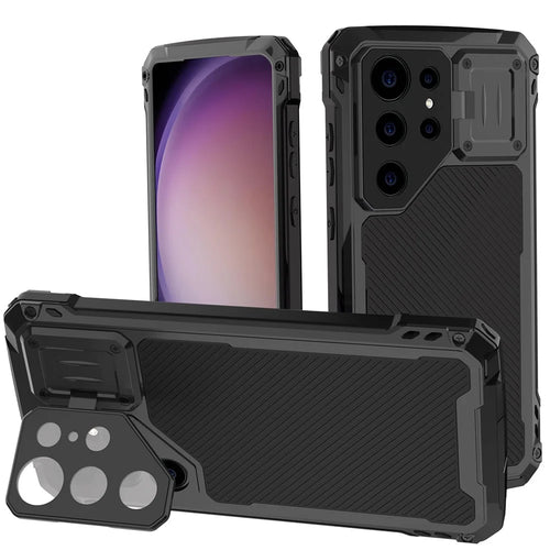 For Samsung Galaxy S23 Ultra Case Aluminum Alloy+Silicone Lens Kickstand Phone Cover with PET Screen Film - Black - 1