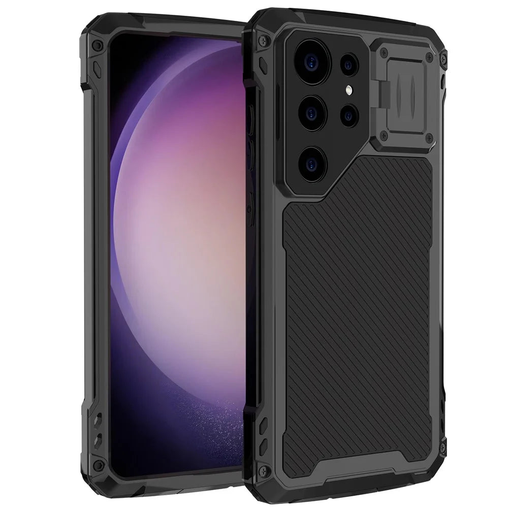 For Samsung Galaxy S23 Ultra Case Aluminum Alloy+Silicone Lens Kickstand Phone Cover with PET Screen Film - Black - 2