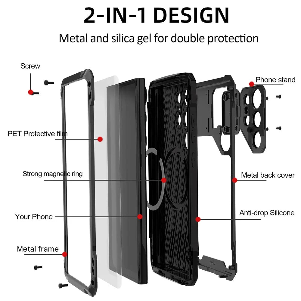 For Samsung Galaxy S23 Ultra Case Aluminum Alloy+Silicone Lens Kickstand Phone Cover with PET Screen Film - Black - 3