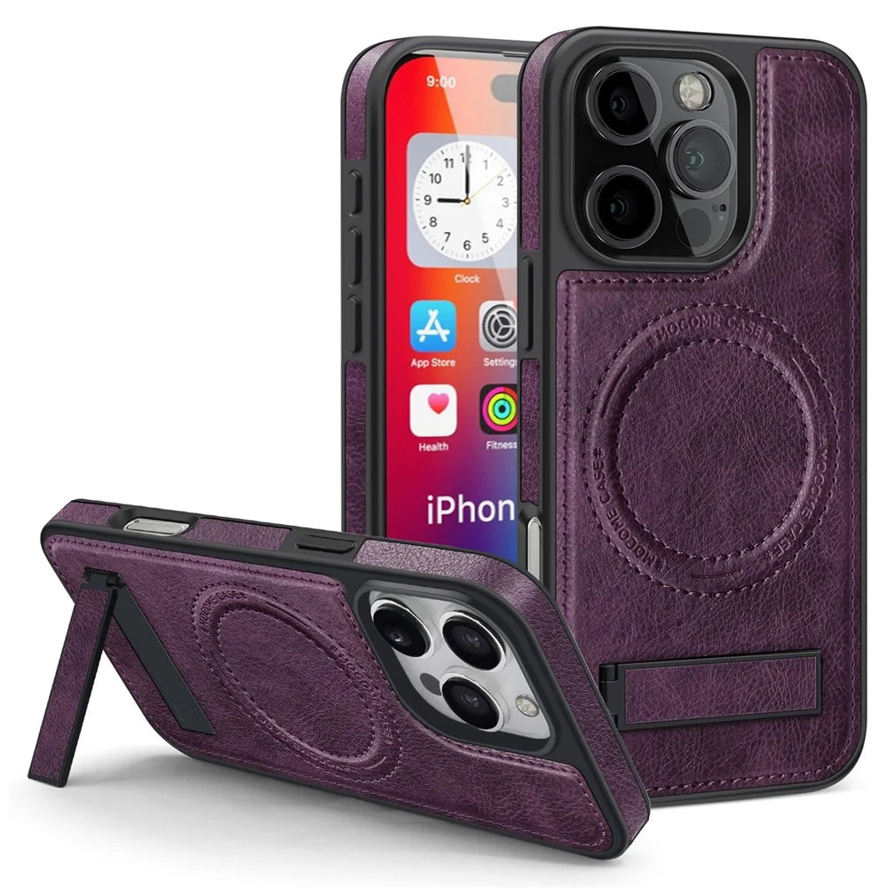 For iPhone 16 Pro Case Compatible with MagSafe with Folded Kickstand PC Silicone Leather Phone Back Cover  - Dark Purple - 1