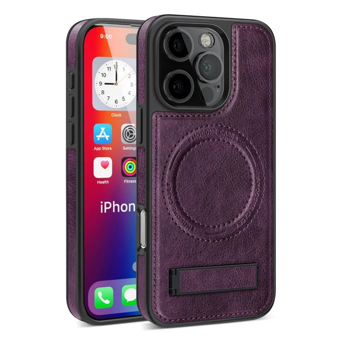 For iPhone 16 Pro Case Compatible with MagSafe with Folded Kickstand PC Silicone Leather Phone Back Cover  - Dark Purple - 2