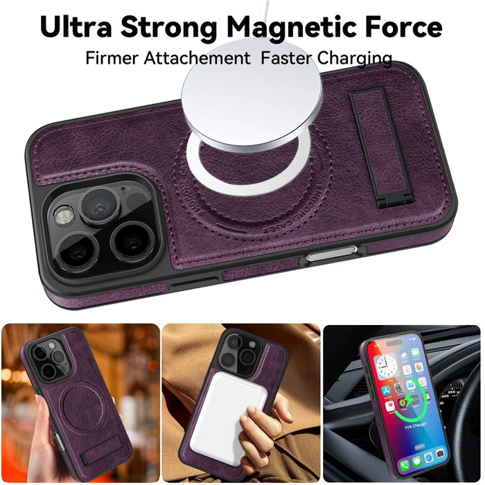 For iPhone 16 Pro Case Compatible with MagSafe with Folded Kickstand PC Silicone Leather Phone Back Cover  - Dark Purple - 3