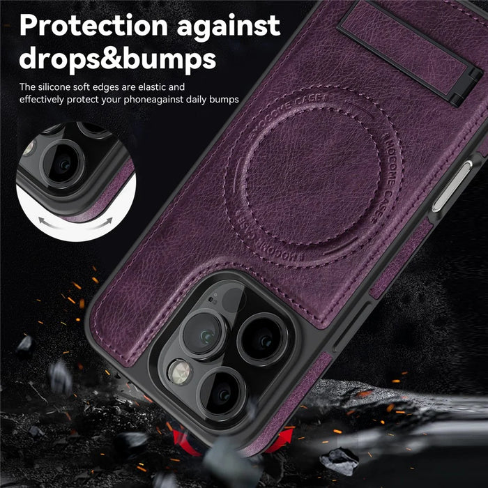 For iPhone 16 Pro Case Compatible with MagSafe with Folded Kickstand PC Silicone Leather Phone Back Cover  - Dark Purple - 4