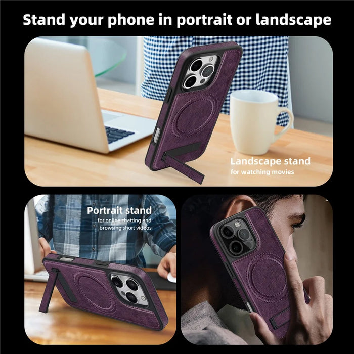 For iPhone 16 Pro Case Compatible with MagSafe with Folded Kickstand PC Silicone Leather Phone Back Cover  - Dark Purple - 6