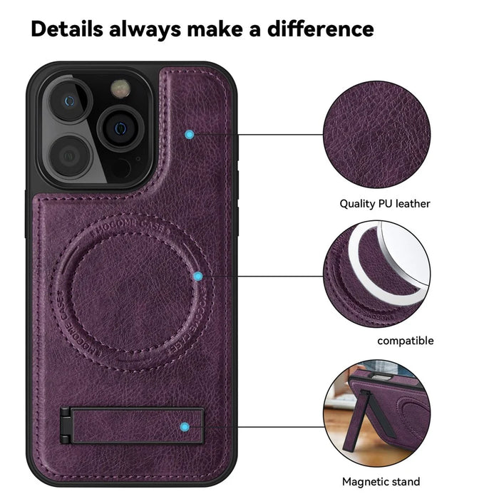 For iPhone 16 Pro Case Compatible with MagSafe with Folded Kickstand PC Silicone Leather Phone Back Cover  - Dark Purple - 7