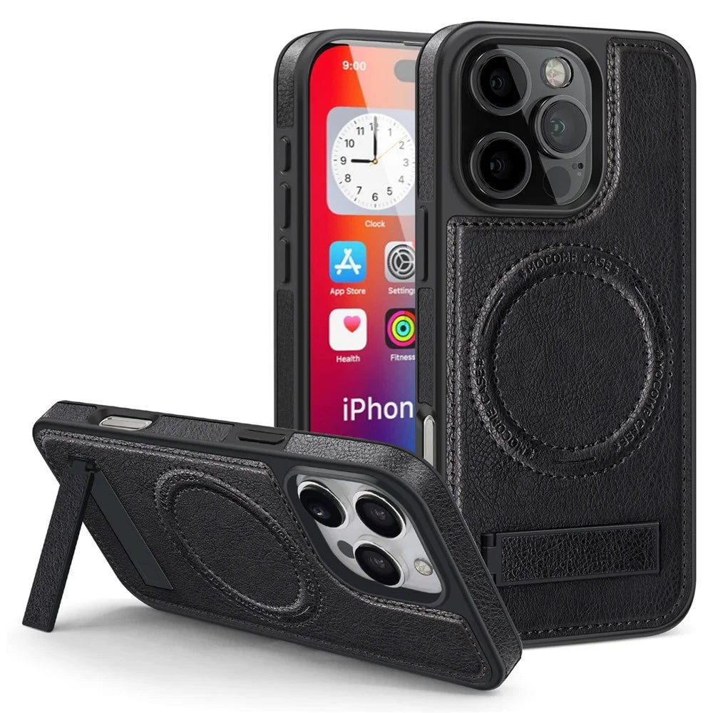 For iPhone 16 Pro Max Case Compatible with MagSafe with Folded Kickstand PC Silicone Leather Phone Back Cover  - Black - 1